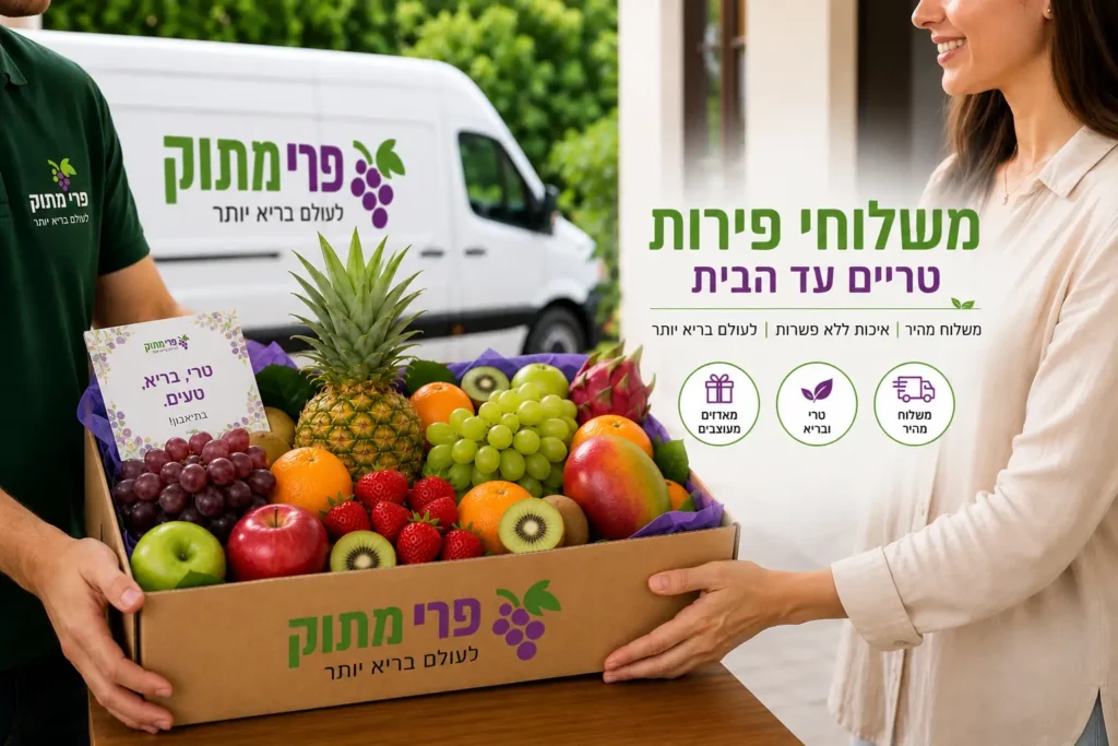 שליח מוסר מארז פירות טריים של פרי מתוק ללקוחה בפתח הבית, על רקע רכב המשלוחים של החברה.