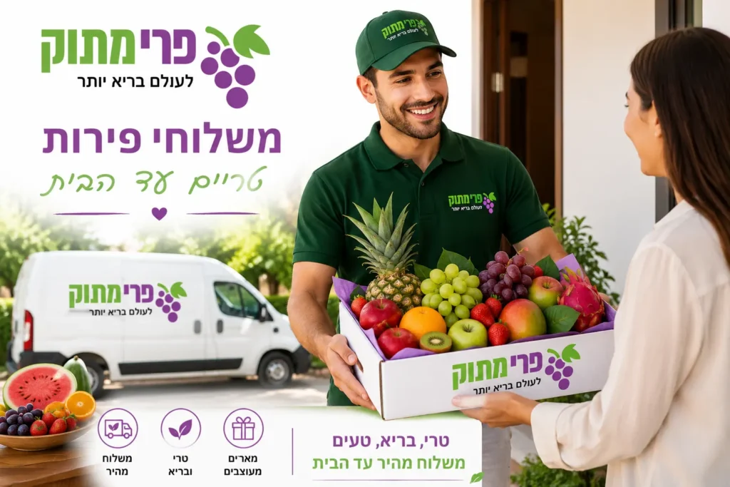 שליח של פרי מתוק מוסר מארז פירות טריים ללקוחה בפתח הבית, לצד רכב המשלוחים הממותג של החברה, באווירה מזמינה ורעננה.