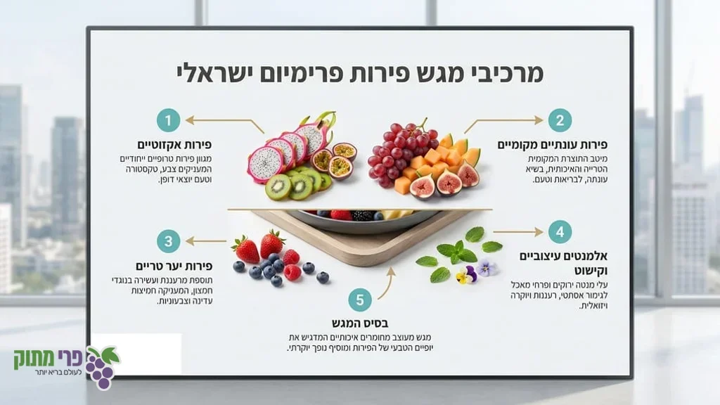 A luxurious, colorful fruit platter on a beautifully set table in an urban Israeli setting. משלוחי פירות טריים בראשון לציון
