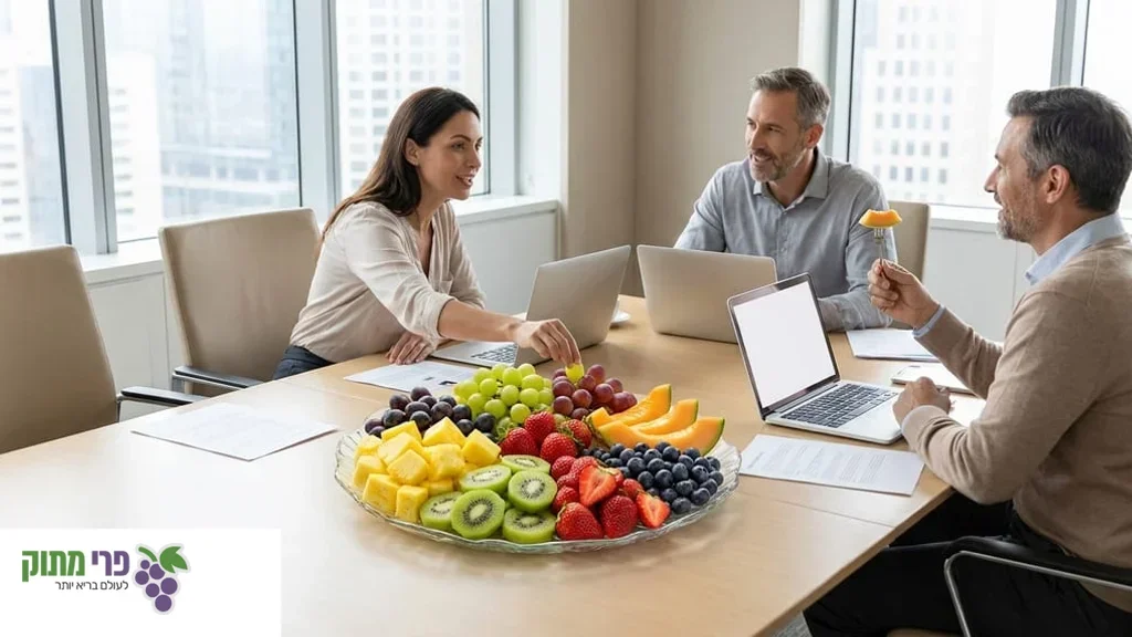 A corporate meeting setting where professionals are enjoying a fresh fruit platter. סלסלת פירות לאירוע עסקי בראשון לציון